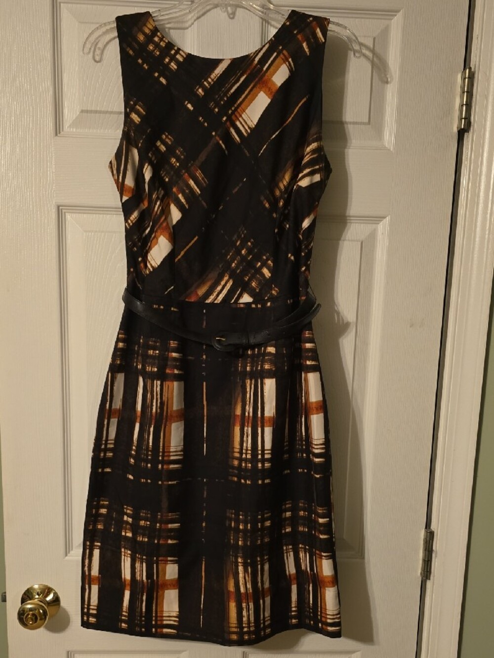 Ellen Tracy Brown Plaid Midi Sheath Dress with Belt